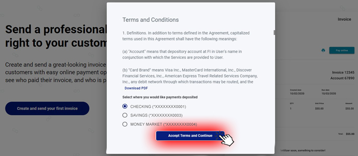 Select Account you want to accept payments and Read then Accept TOS